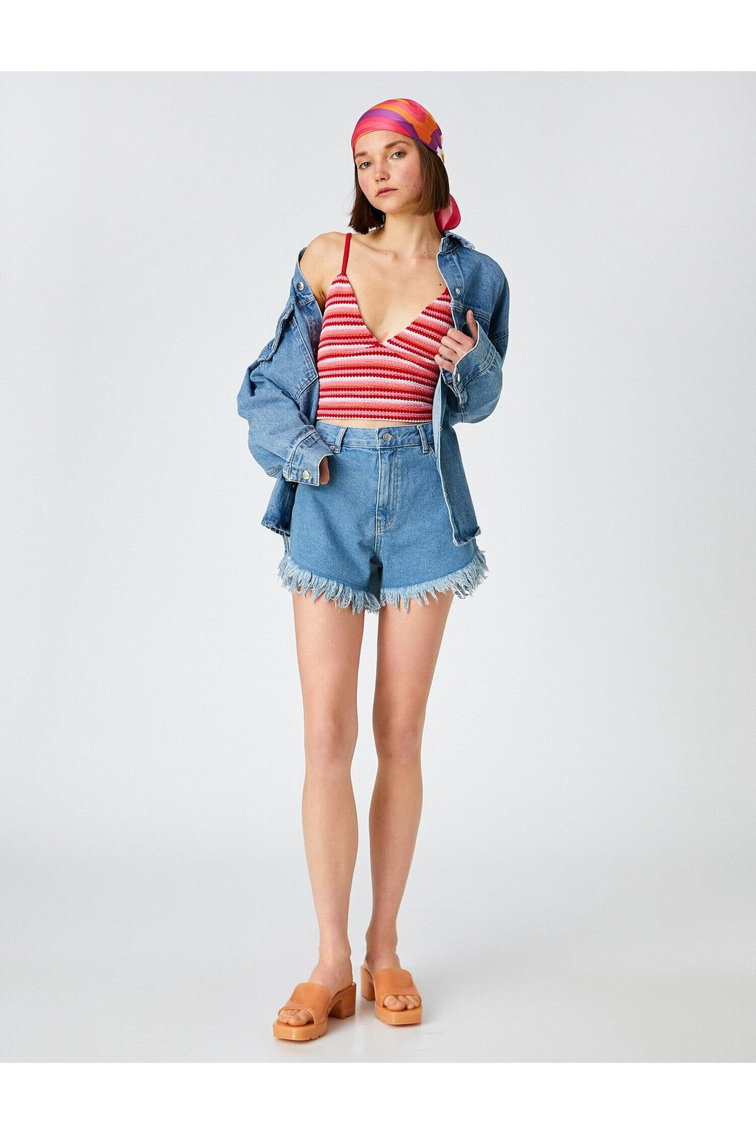 Koton Denim Shorts High Waist, Tassels Pocket Cotton.