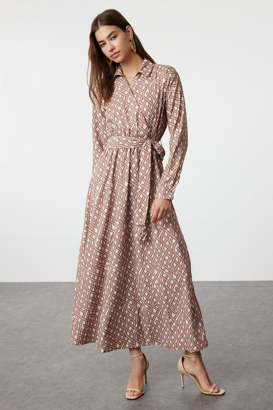 Trendyol Ecru Mono Patterned Belted Satin Woven Hijab Dress