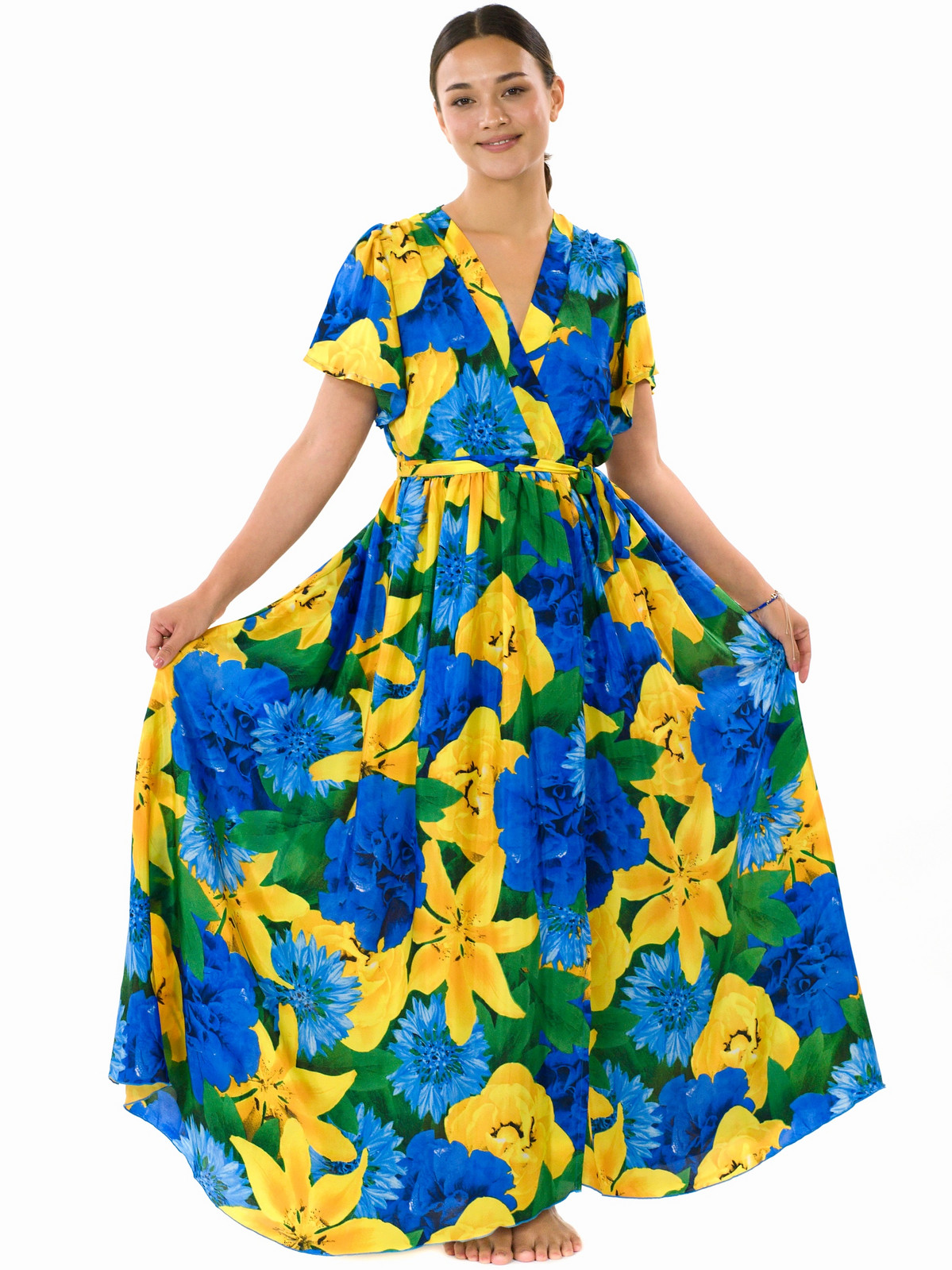 Himalife Dlouhé zavinovací šaty Esmara - modrá se žlutou Velikost: S/M