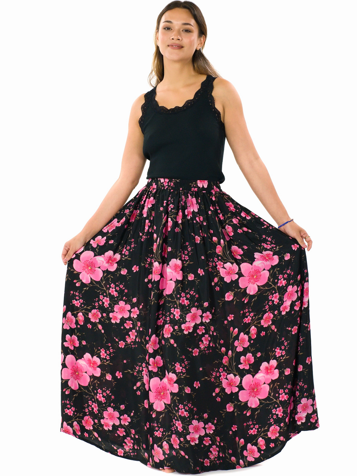 Himalife Maxi sukně s kapsami Amaris - černá s růžovou Velikost: S/M