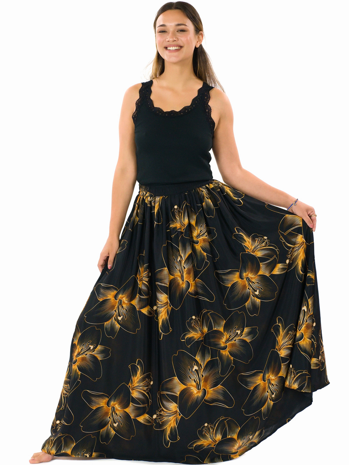 Himalife Maxi sukně s kapsami Lilie - černá se zlatou Velikost: S/M
