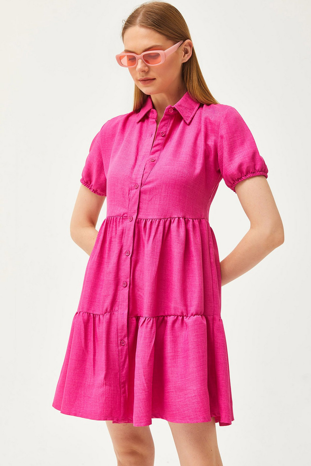 Olalook Women's Fuchsia Pieced Linen Content Shirt Dress