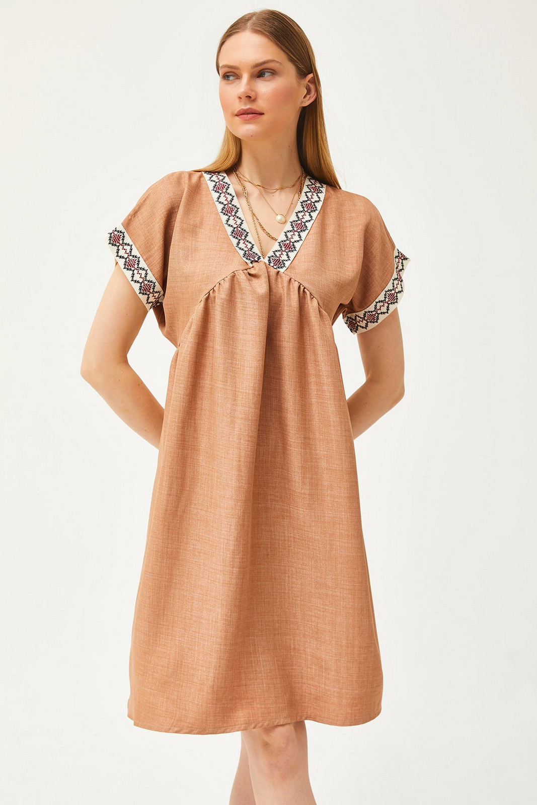 Olalook Women's Camel Collar Lace Linen Dress