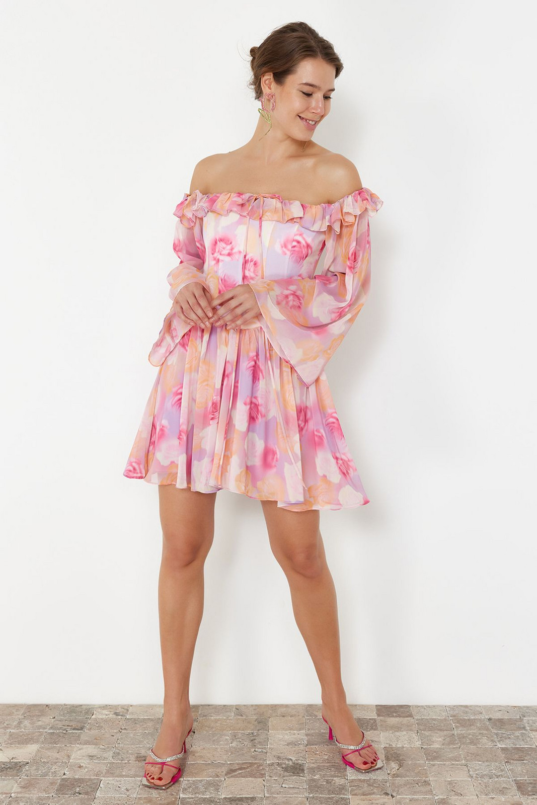 Trendyol Multicolored A-Line Lined Flounce Woven Chiffon Short Elegant Evening Dress