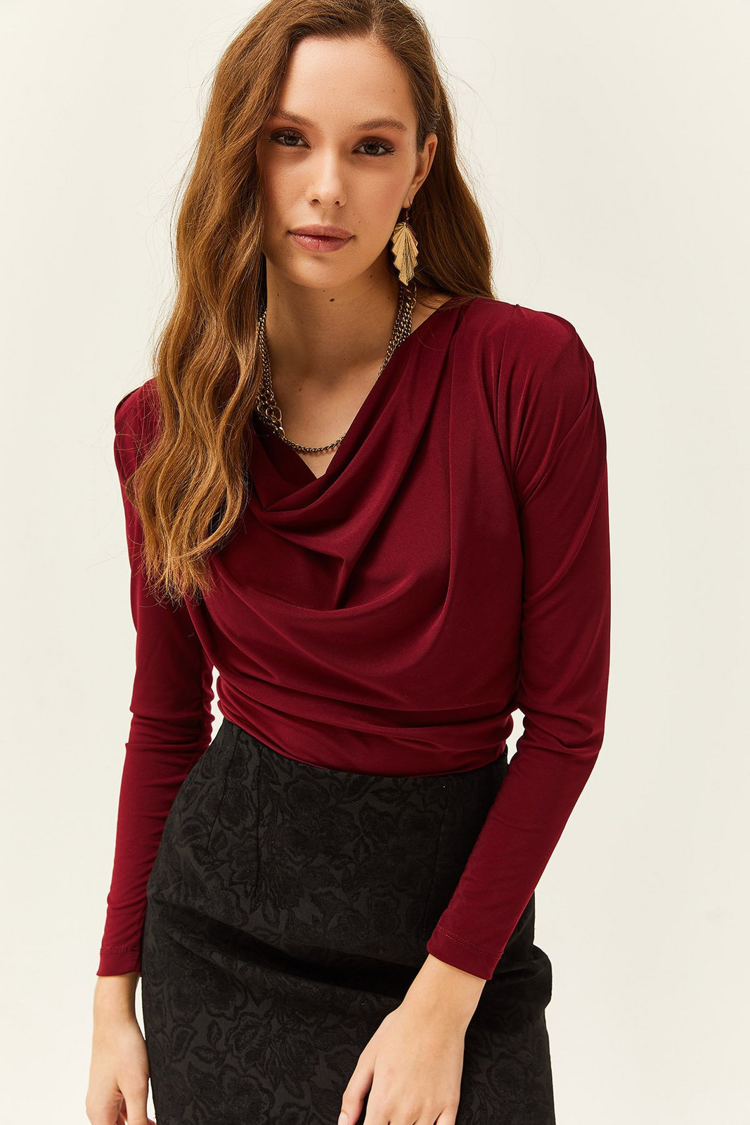 Olalook Women's Burgundy Waistband Pleated Turndown Collar Blouse