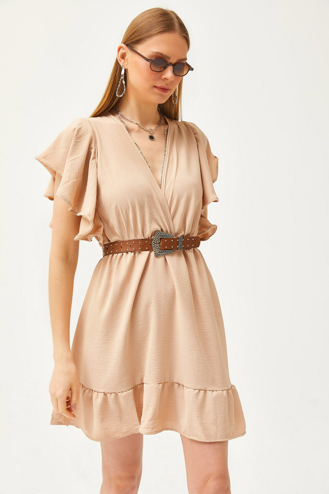 Olalook Women's Camel Double Breasted Collar Sleeve Detail Mini Flowy Dress