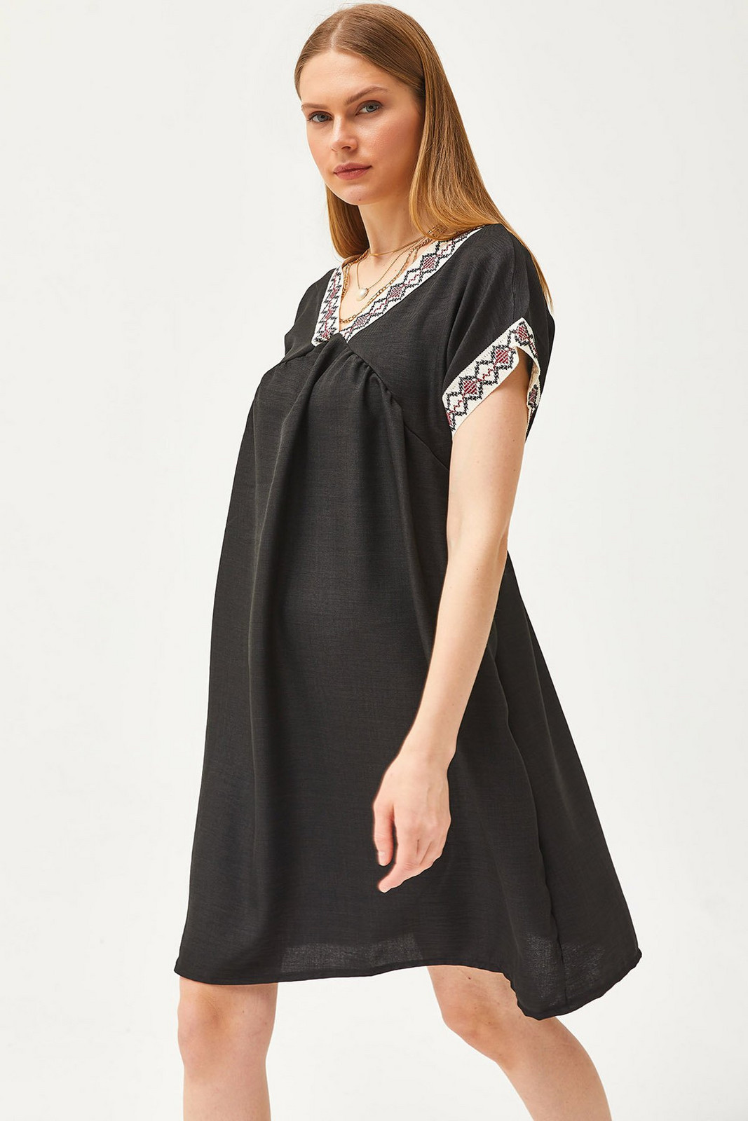 Olalook Women's Black Collar Lace Linen Dress