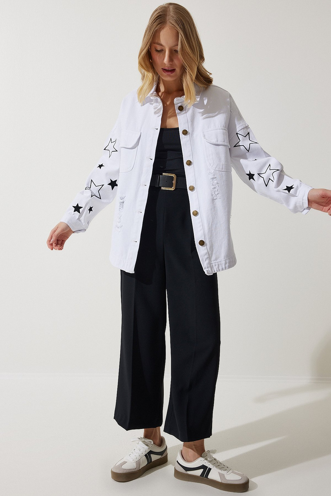 Happiness İstanbul Women's White Star Embroidered Oversize Shirt Jacket
