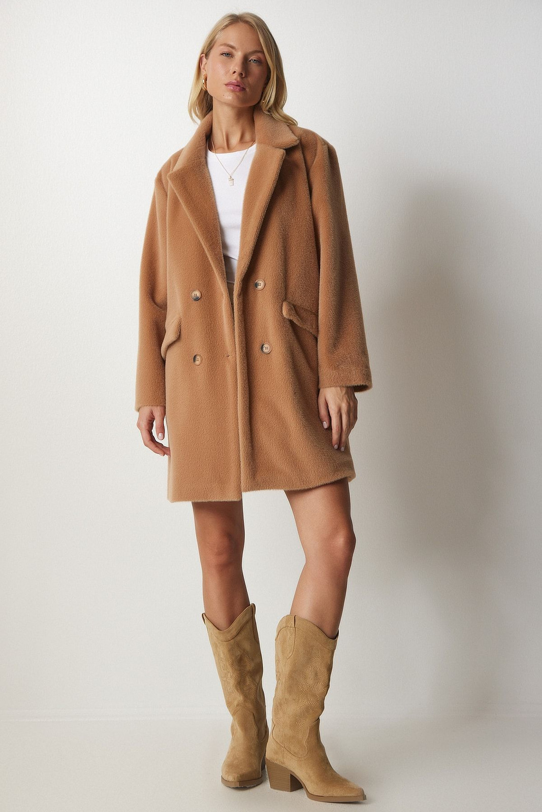 Happiness İstanbul Women's Biscuit, Rabbit Feather Look Oversized Coat