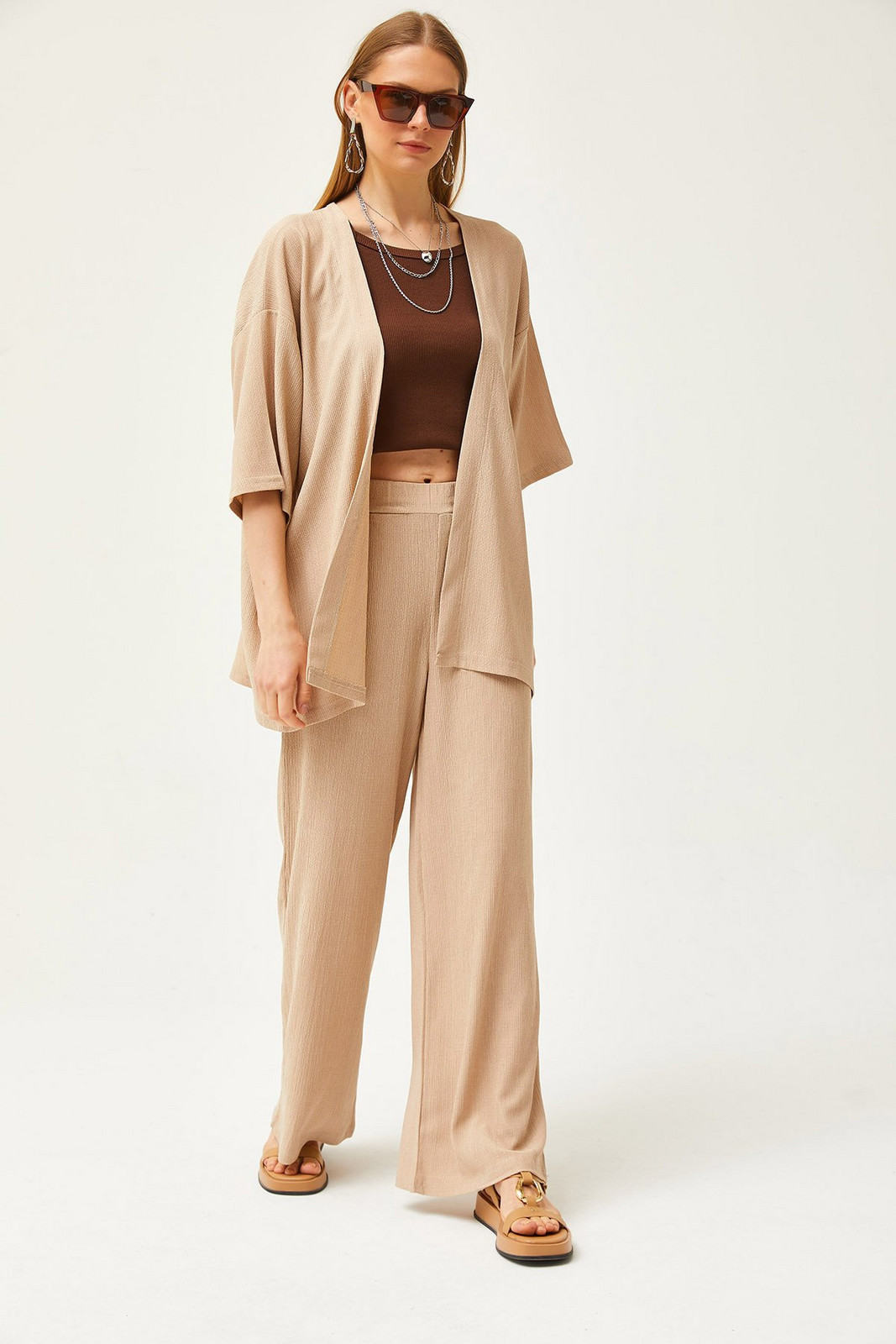 Olalook Women's Beige Top Kimono Bottom Pants Set