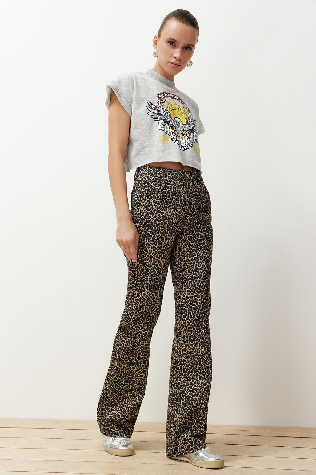 Trendyol Multi Color Leopard Print High Waist Wide Leg Jeans