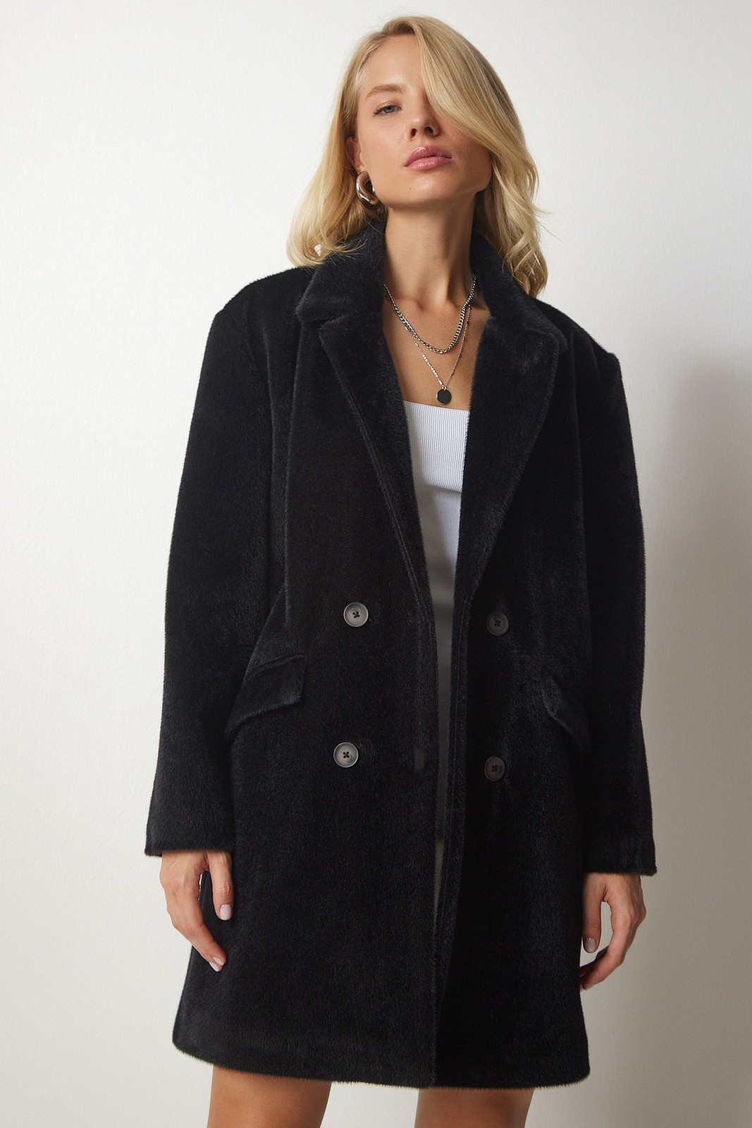 Happiness İstanbul Women's Black Rabbit Hair Look Oversized Coat