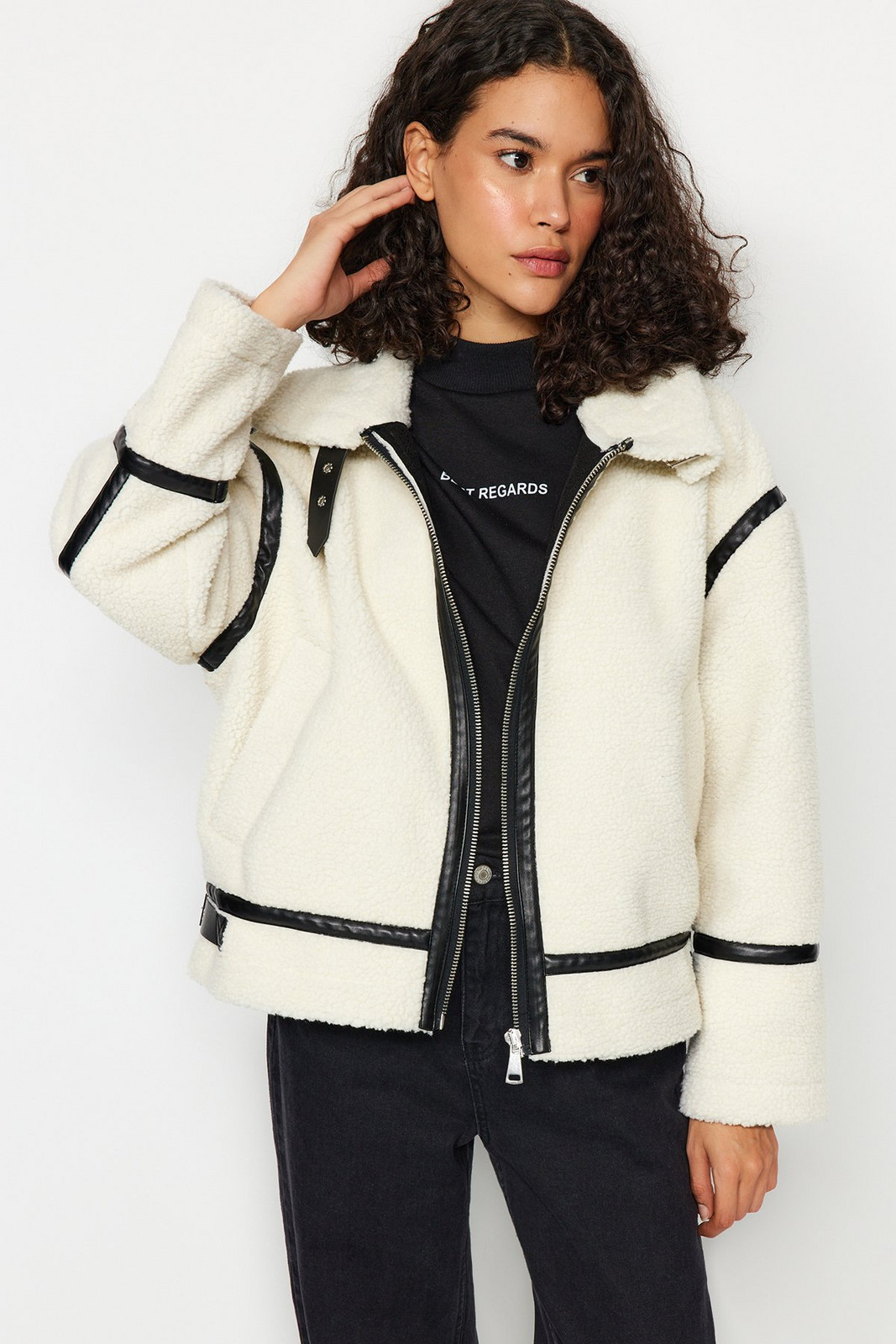 Trendyol White Oversize Plush Faux Leather Detailed Biker Coat