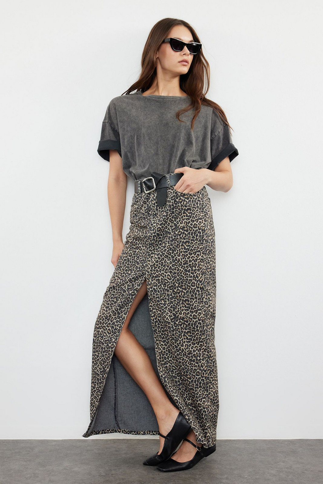 Trendyol Multicolored Leopard Patterned Maxi Denim Skirt