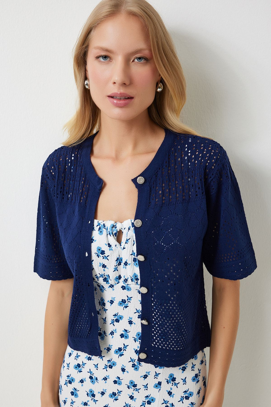 Happiness İstanbul Women's Navy Blue Openwork Seasonal Knitwear Cardigan