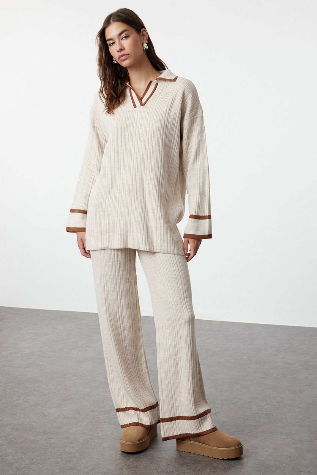 Trendyol Stone Brown Piping Knitwear Sweater Trousers Bottom-Top Set