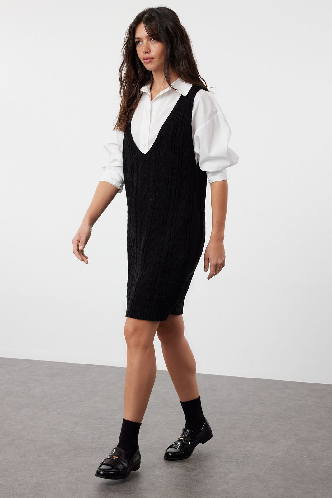 Trendyol Black Hair Braided Knitwear Gilet Dress