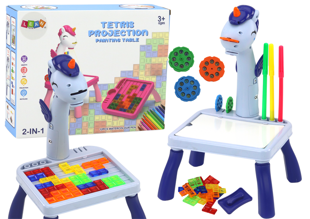 mamido Mini projektor stolek Tetris 2v1 jednorožec modrý