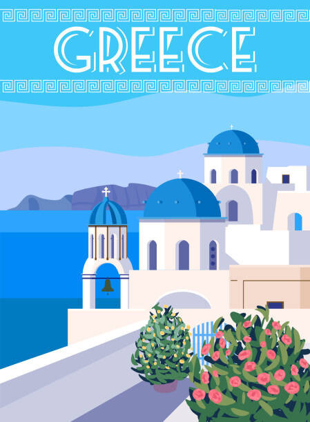 VectorUp Ilustrace Greece Poster Travel, Greek white buildings, VectorUp, 30 × 40 cm