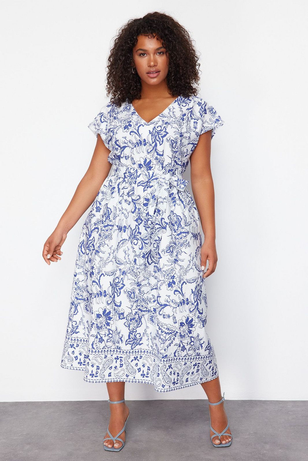 Trendyol Curve Multi Color Deep V Neck Woven Dress