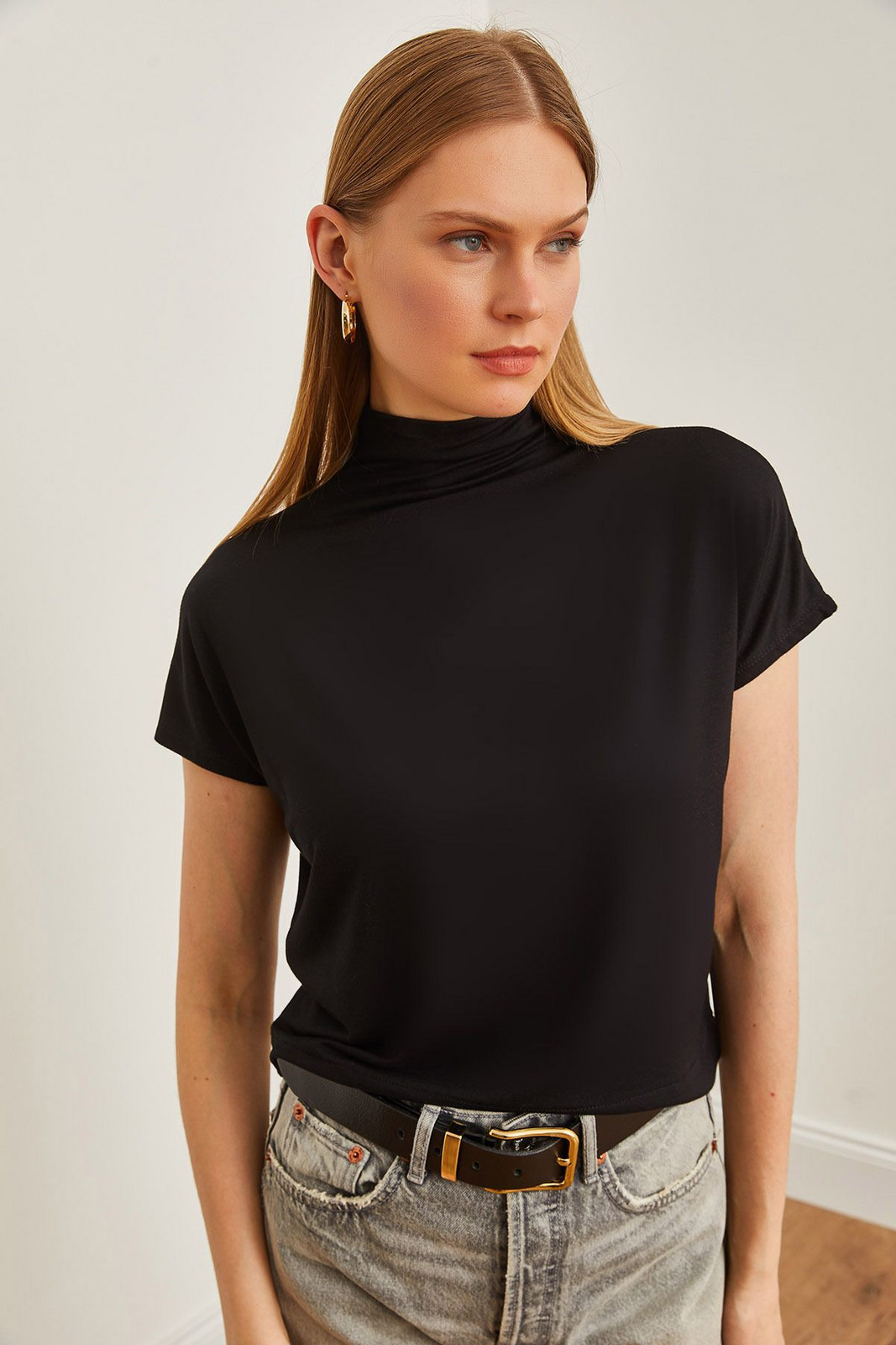 Olalook Women's Black Stand Collar Bat Flowing Blouse