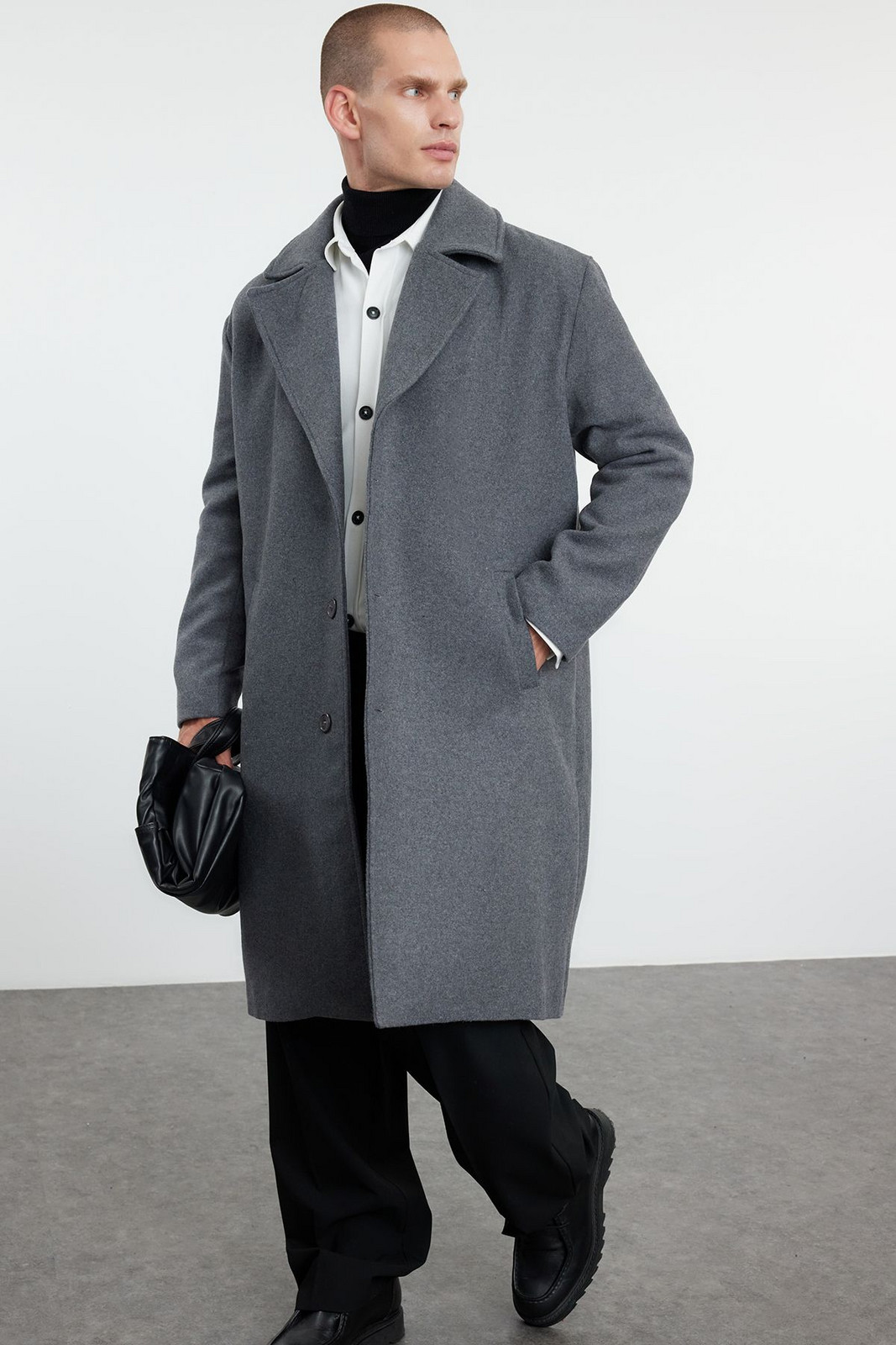 Trendyol Anthracite Men's Oversize Fit Winter Wool Blend Winter Cashmere Coat
