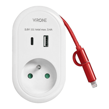 Adaptér ORNO VIRONE CS-2 230V s USB-C+A nabíječkou a kabelem USB-C + Lightning