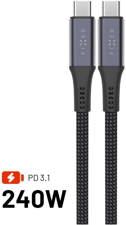kabel Nabíjecí a datový opletený kabel Fixed s konektory Usb-c/usb-c, Pd 3.1, 1.2 m, Usb4gen2 20Gbps, 4K60hz, 240W, šedý