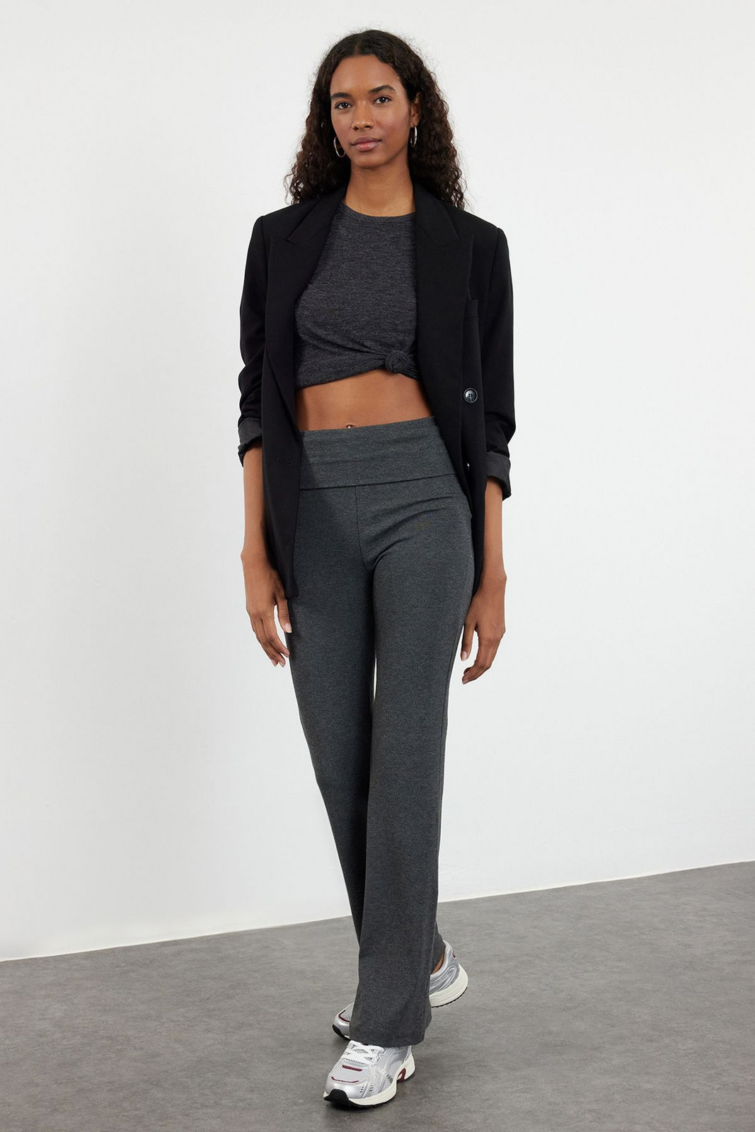 Trendyol Anthracite Melange Flare/Spanish Leg Waist Detailed Flexible Interlock Knitted Trousers