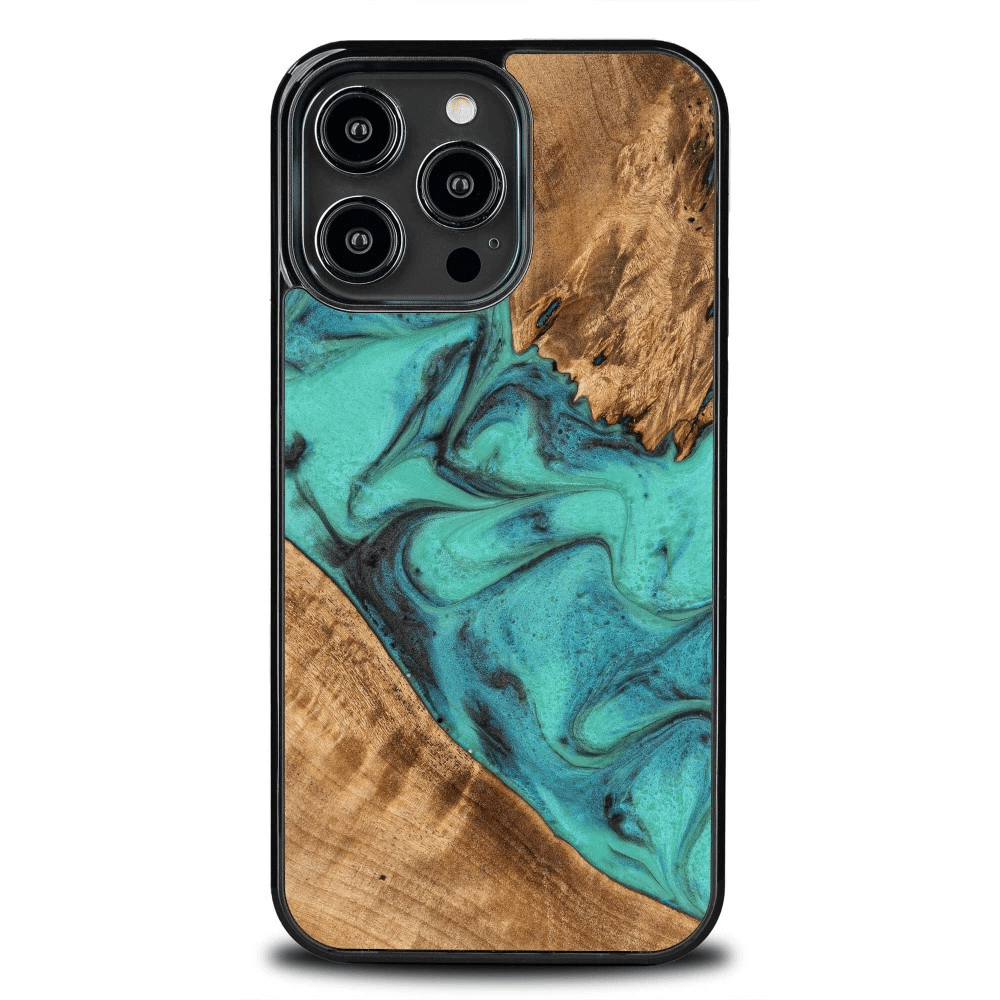 Pouzdro ze dřeva a pryskyřice pro iPhone 14 Pro Max Bewood Unique Turquoise - tyrkysové a černé 5907511778426