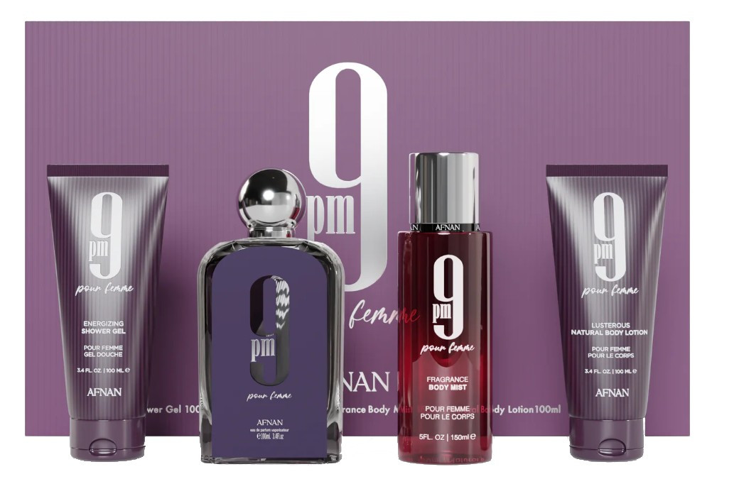 Afnan 9PM Pour Femme - EDP 100 ml + sprchový gel 100 ml + tělový závoj 150 ml + tělové mléko 100 ml