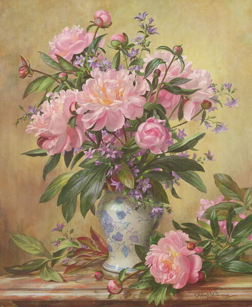 Williams, Albert Obrazová reprodukce AB/302 Vase of Peonies and Canterbury Bells, Williams, Albert, 35 × 40 cm