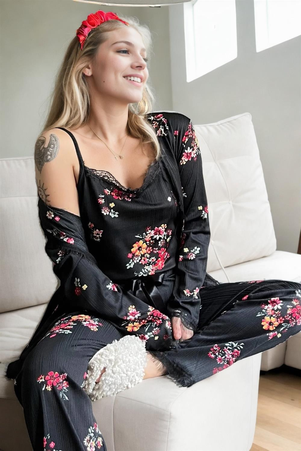 22168 Dewberry Womens Pyjama Set with Dressing Gown-BLACK