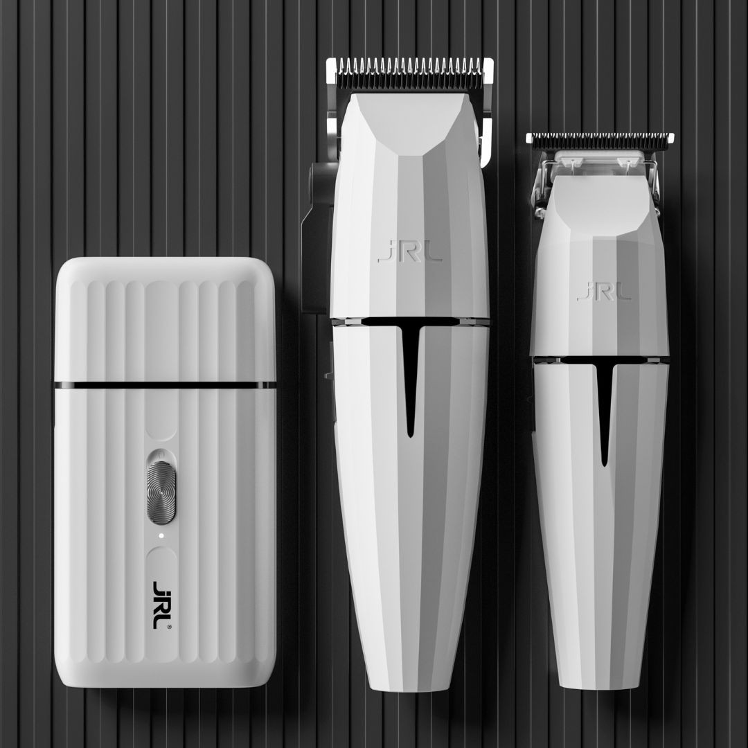 POŠKOZENÁ KRABICE: JRL GHOST 2 - akumulátorový střihací, konturovací a holicí strojek v bílé barvě + Stlačený vzduch, 400 ml + olej na mazání M22, 200 ml