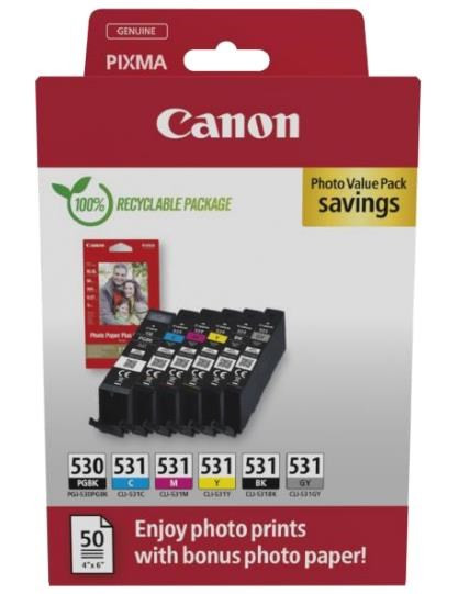 Canon Cartridge PGI-530/CLI-531 PGBK/C/M/Y/BK/GY + Canon PAPÍR GP-501 4X6 50