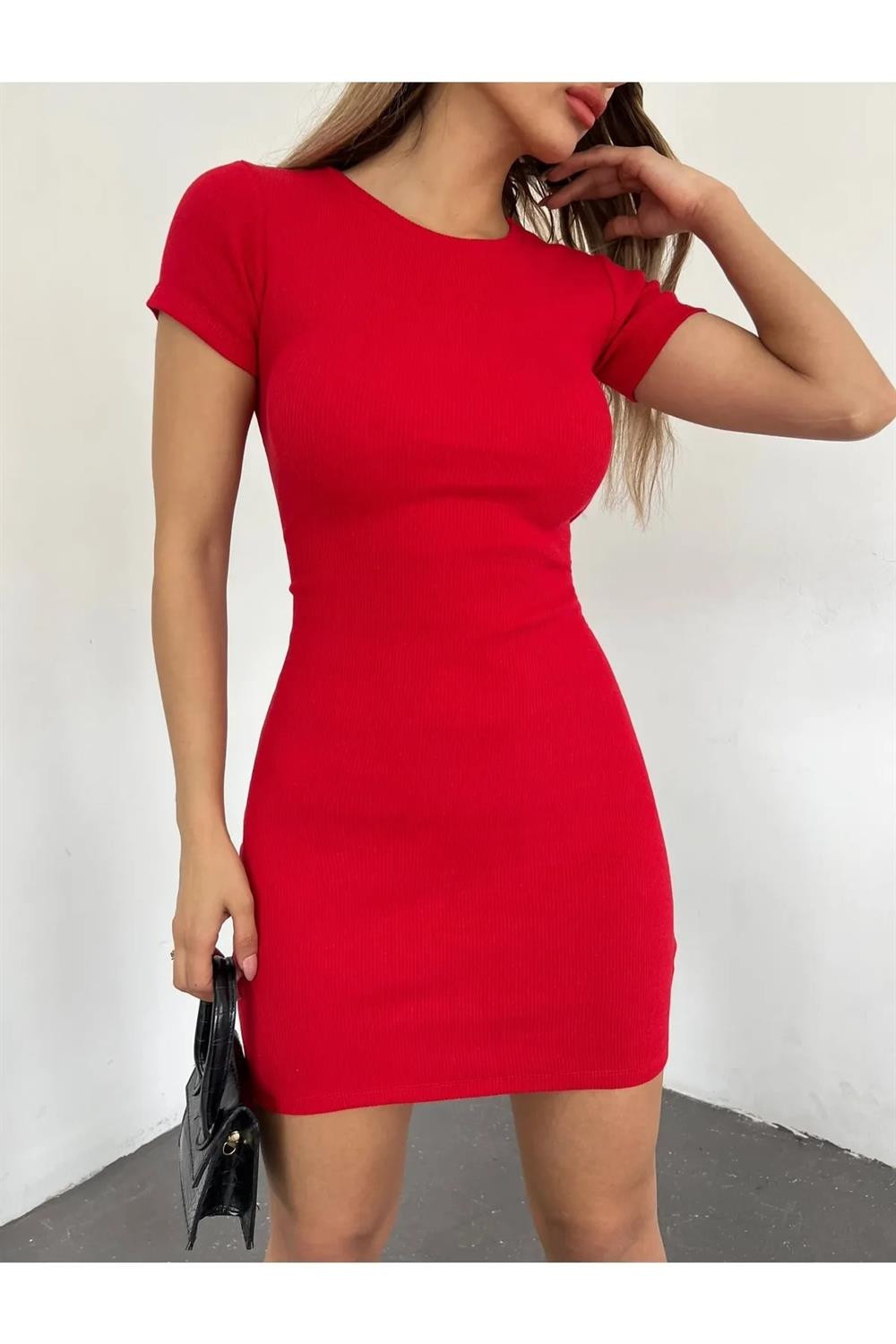 72298 Dewberry Camisole Short Sleeve Ribbed Mini Dress-RED