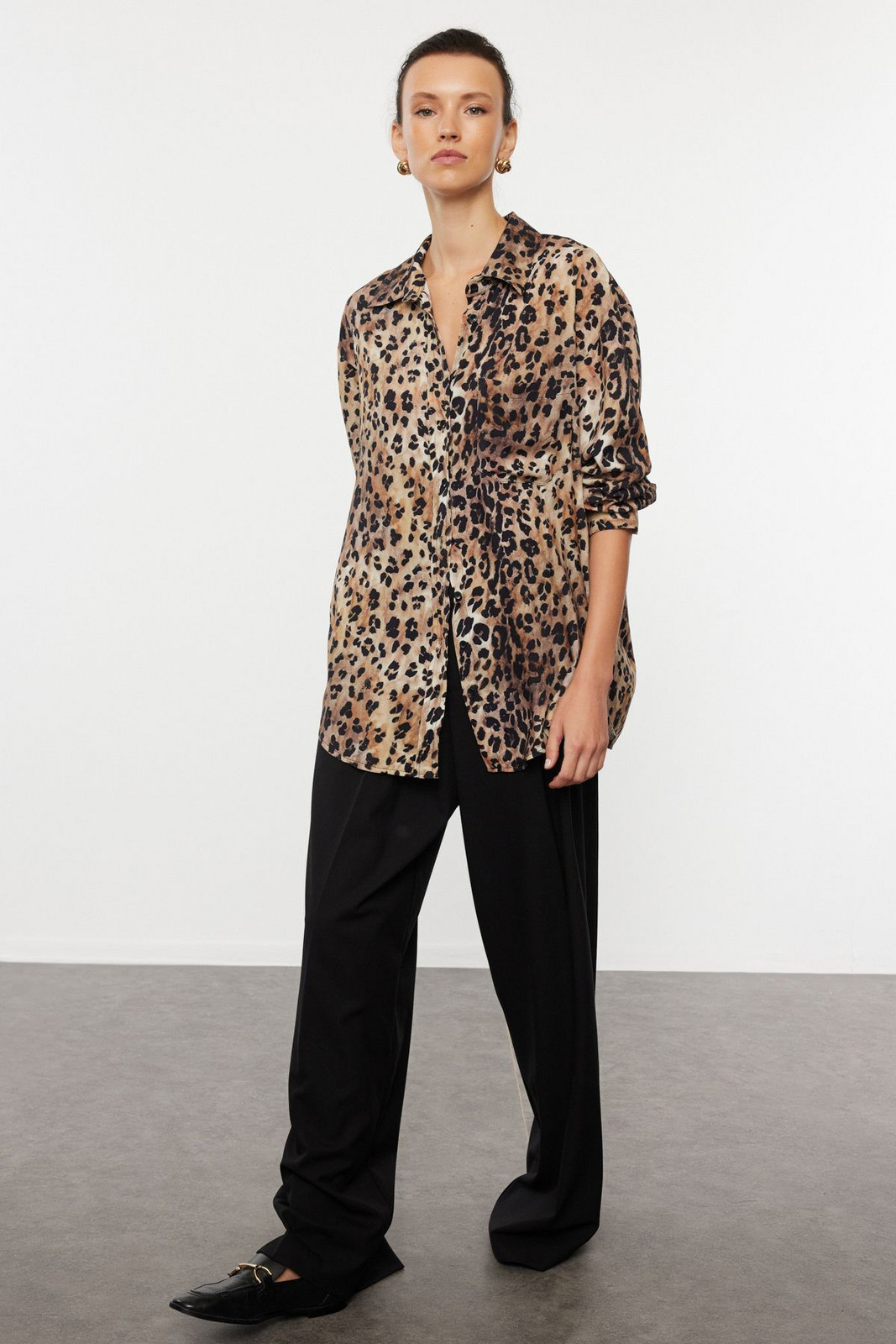 Trendyol Brown Leopard Animal Patterned Oversize Woven Wide Fit Shirt
