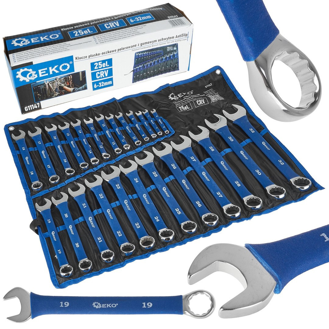 GEKO Očkoploché klíče, protiskluzové, 6-32 mm, 25 ks v látkovém obalu