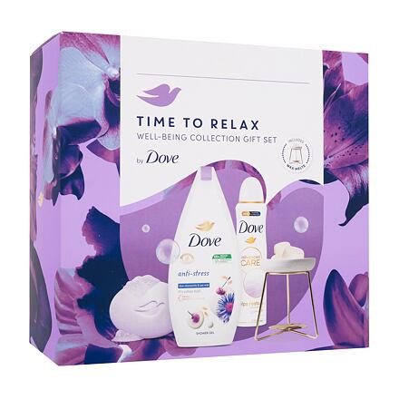 Dove Time To Relax Well-Being Collection : sprchový gel Anti-stress 250 ml + tuhé mýdlo Relaxing Bar Soap 90 g + antiperspirant Advanced Care Helps Restore 150 ml + aroma lampa pro ženy