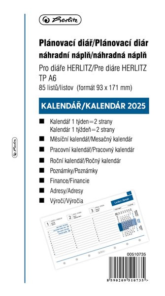 Herlitz Náplň do diáře 2025, A6, týdenní, 85 listů