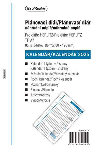 Herlitz Náplň do diáře 2025, A7, týdenní, 85 listů