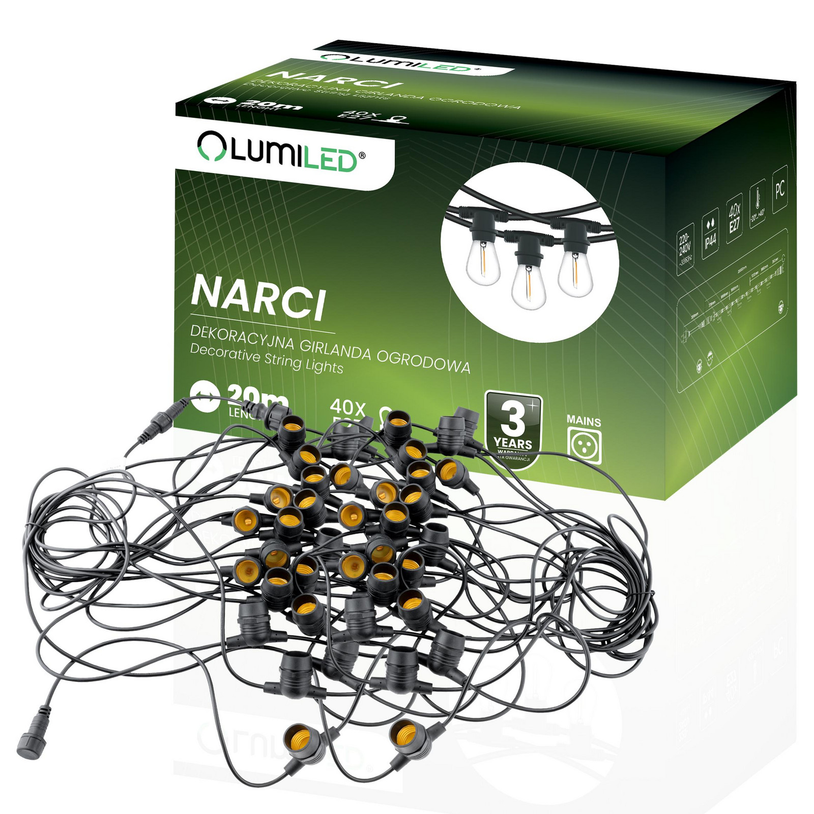 Girlanda zahradní externí Světelný řetěz 20m 40xE27 NARCI Lumiled