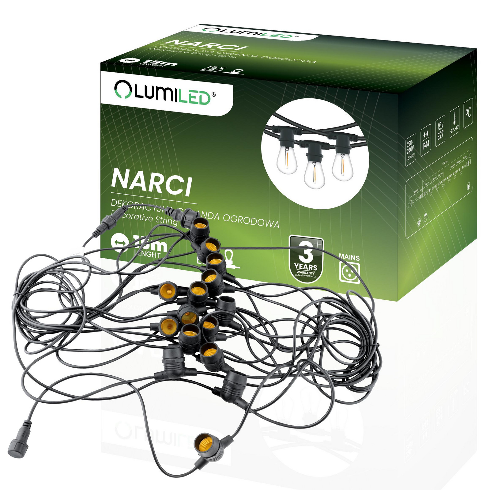 Girlanda zahradní externí Světelný řetěz 15m 15x E27 NARCI Lumiled