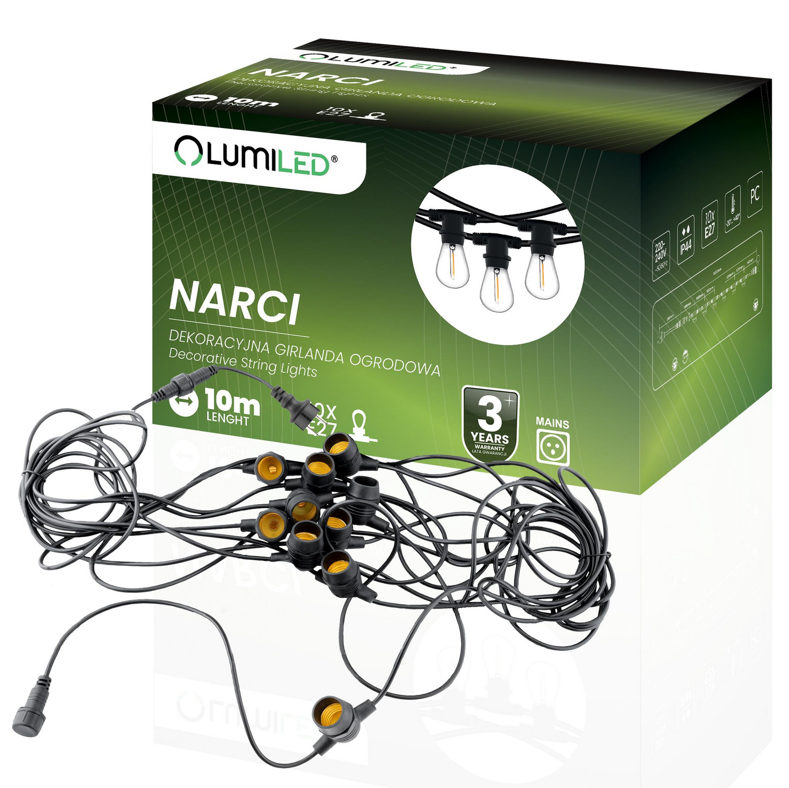 Girlanda zahradní externí Světelný řetěz 10m 10x E27 NARCI Lumiled