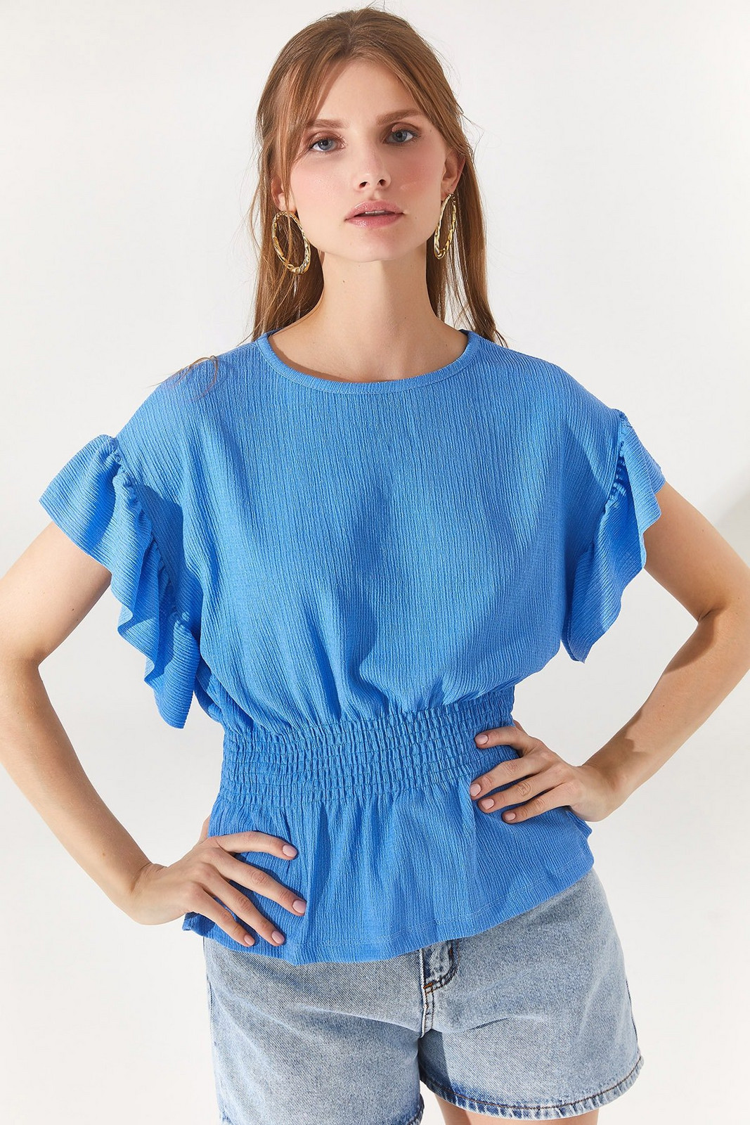 Olalook Women's Blue Bat Blouse with Elastic Waist and Frilled Sleeves