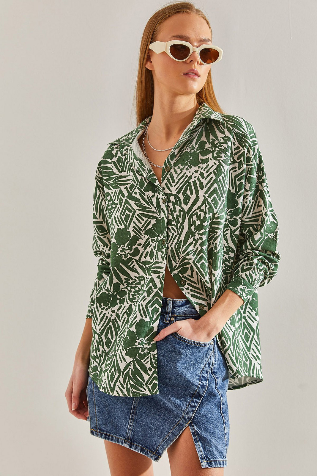 Bianco Lucci Women's Leaf Patterned Casual Linen Shirt