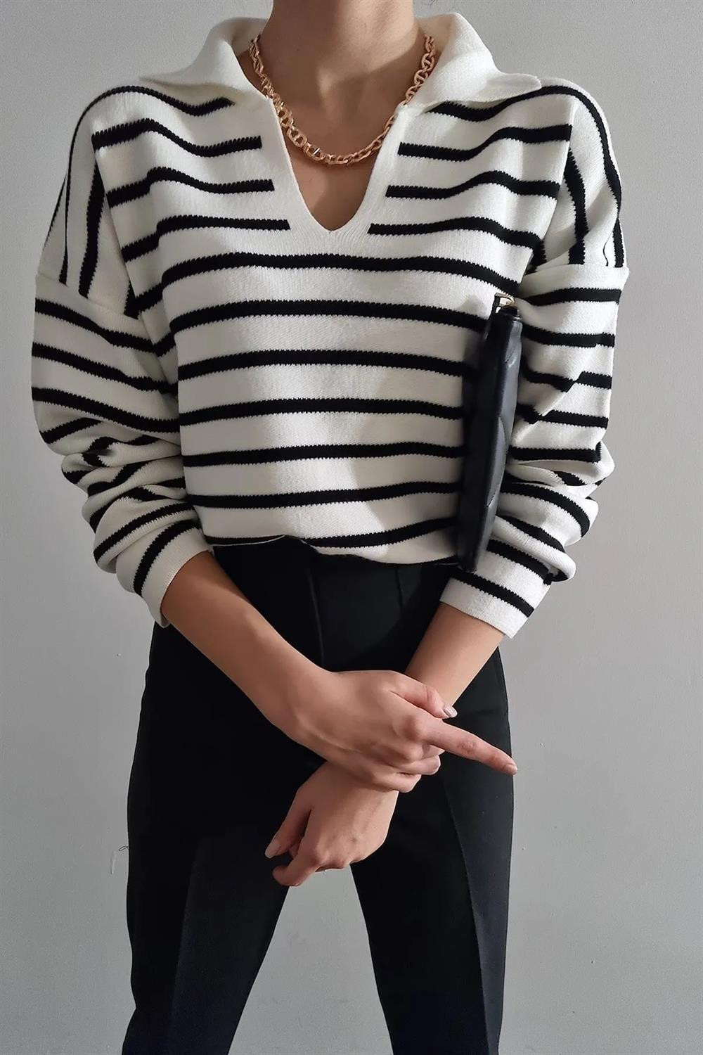 51782 Dewberry Polo Neck Striped Long Sleeve Sweater-WHITE-BLACK