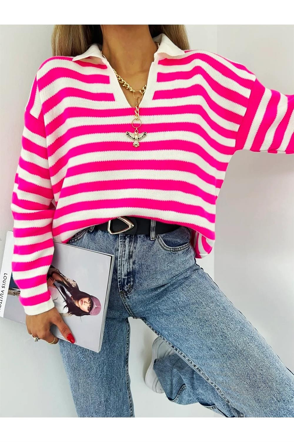 51782 Dewberry Polo Neck Striped Long Sleeve Sweater-FUCHSIA