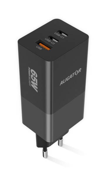 Aligator GaN, Power Delivery 65W, 2xUSB-C, 1xUSB-A, černá