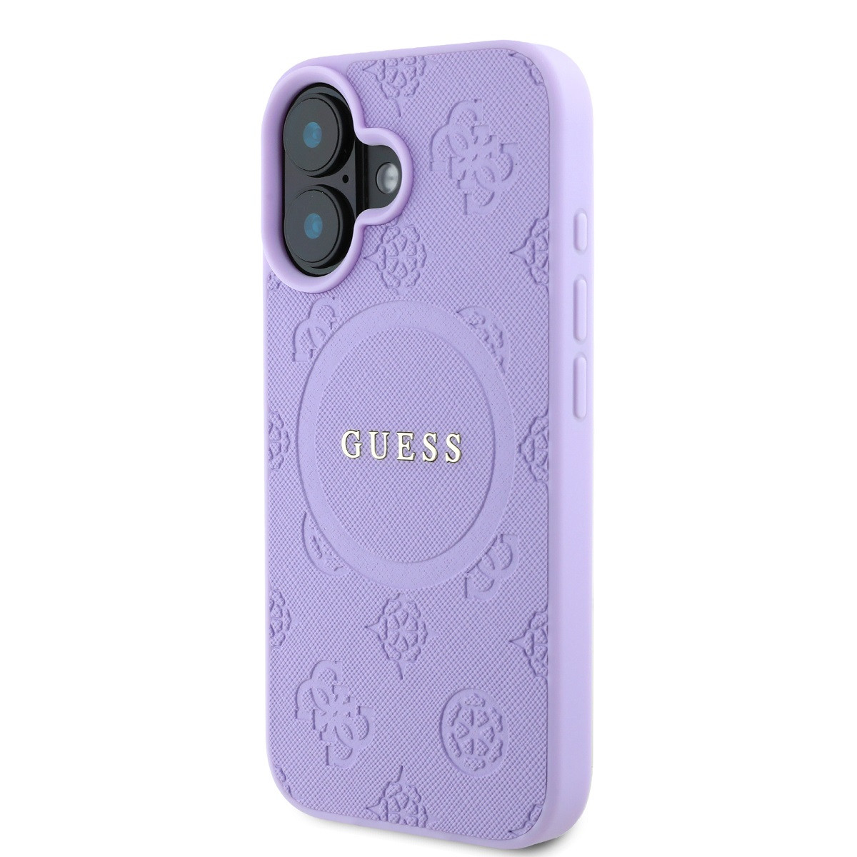 Zadní kryt Guess Saffiano Peony Stamp MagSafe pro Apple iPhone 16, fialová